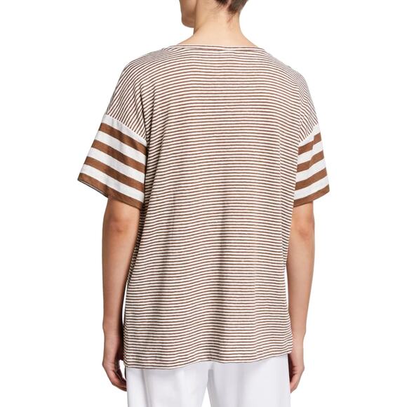 MAXMARA Leisure Striped Linen Blend Knit T-Shirt Short Sleeve in Brown Women's L - Picture 3 of 8